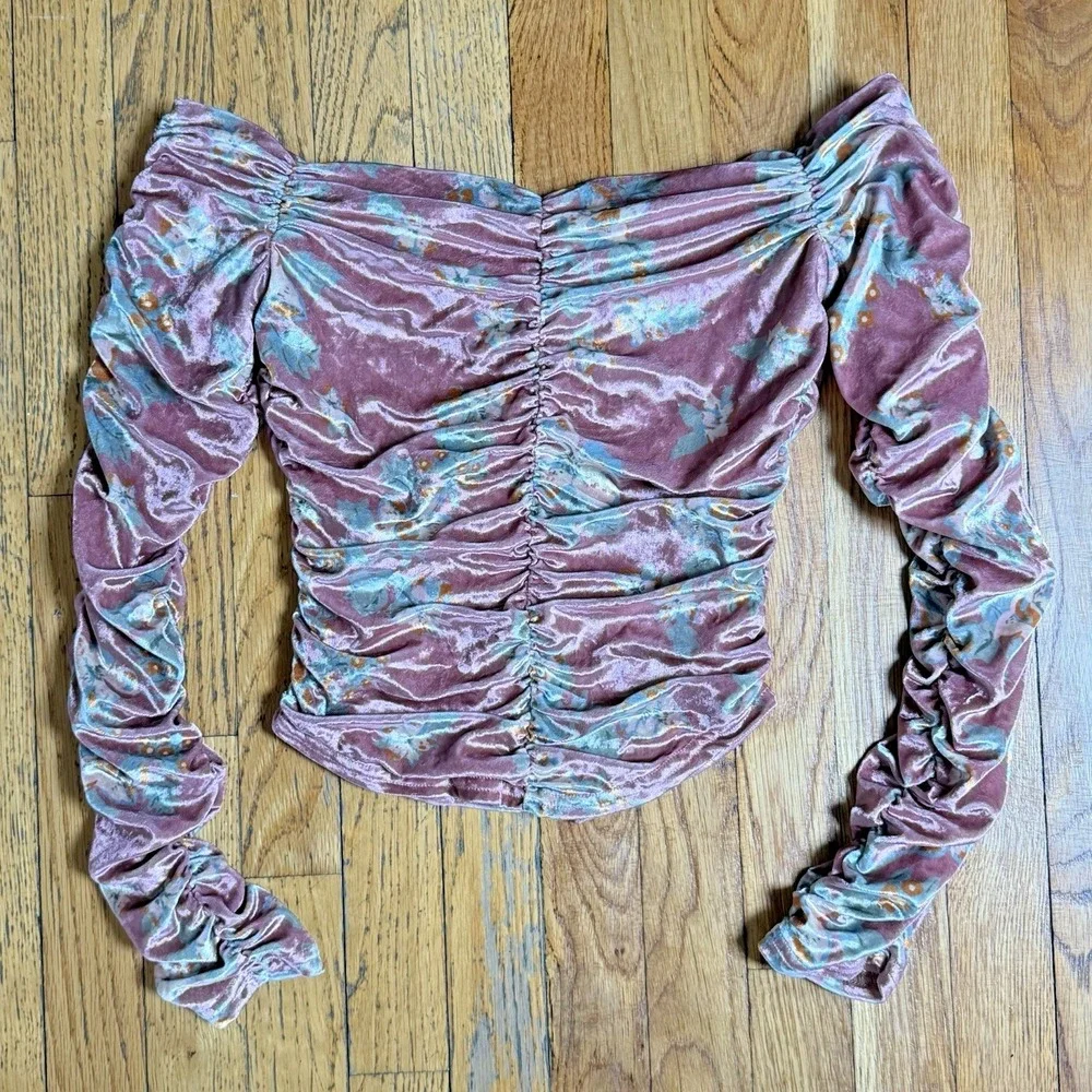 Free People Dusty Pink Floral Velvet Off Shoulder Ruched Top Y2K Soft Grunge‎ M